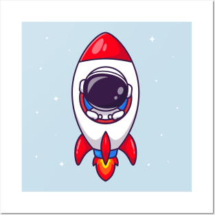 Cute Astronaut In Rocket Cartoon Posters and Art